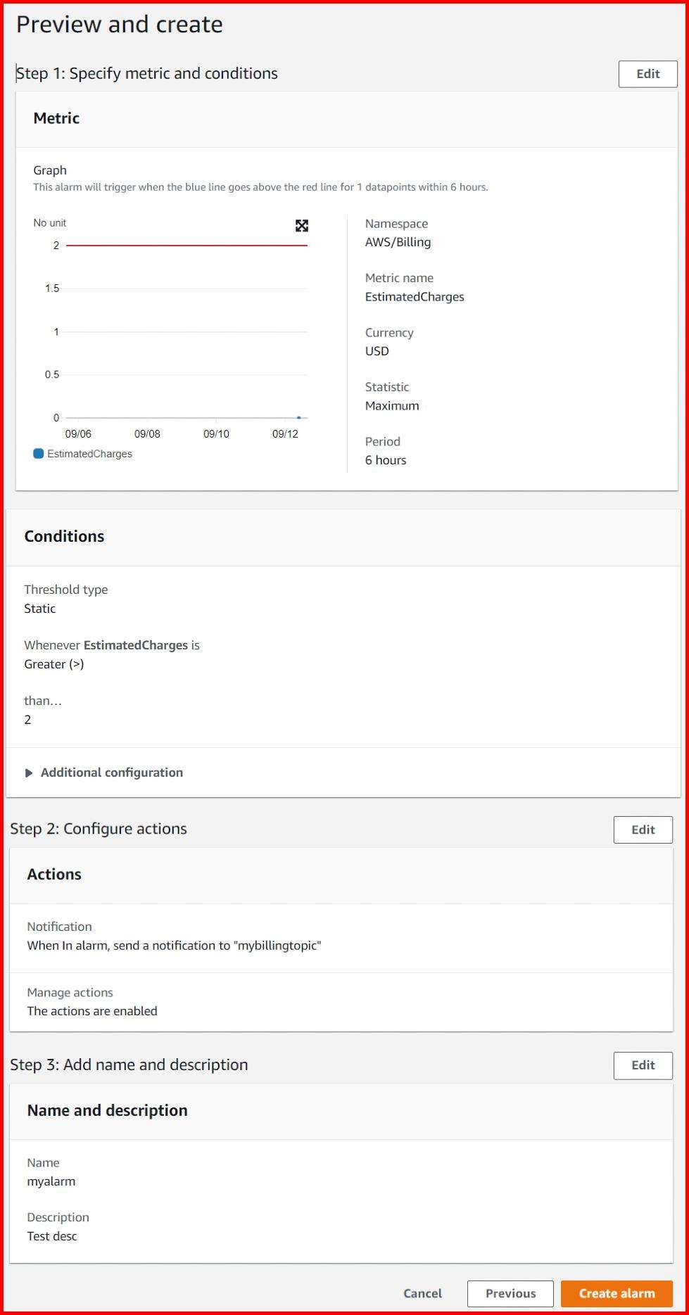 Picture showing the final review screen of the alarm